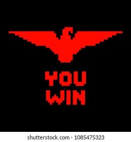 You win pixel text and eagle red logo. Pixel art icon. Game assets. Isolated vector illustration.