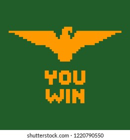 You win pixel text and eagle golden logo. Pixel art icon. Game assets. Isolated vector illustration.