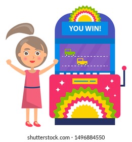 You win race, winner woman playing game machine. Female with rising hands standing near colorful gambling equipment, joystick with screen and player. Vector illustration in flat cartoon style