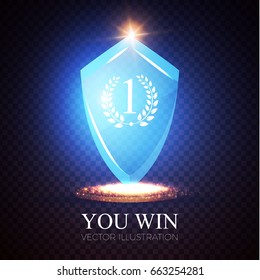 You Win! Realistic Glass Trophy Awards with Light Effects. Shield. Game Space. Vector illustration