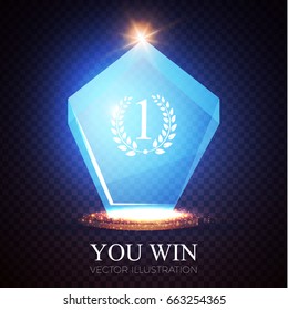 You Win! Realistic Glass Trophy Awards With Light Effects. Cristal. Game Space. Vector Illustration