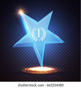 You Win! Realistic Glass Trophy Awards with Light Effects. Star. Game Space. Vector illustration