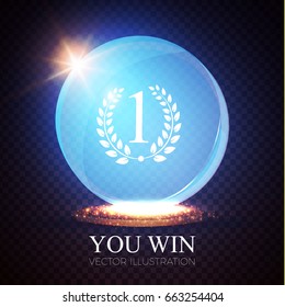 You Win! Realistic Glass Trophy Awards with Light Effects. Circle. Game Space. Vector illustration