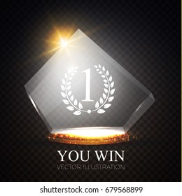 You Win! Realistic Glass Trophy Awards with Light Effects. Crystal. Game Space. Vector illustration