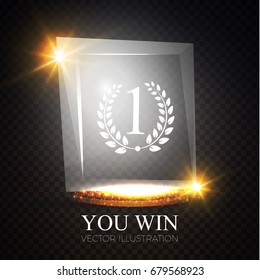 You Win! Realistic Glass Trophy Awards with Light Effects. Square. Game Space. Vector illustration