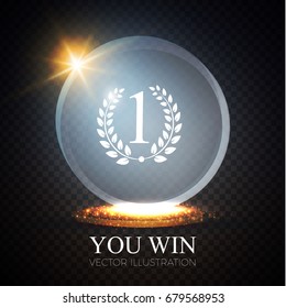 You Win! Realistic Glass Trophy Awards with Light Effects. Circle. Game Space. Vector illustration