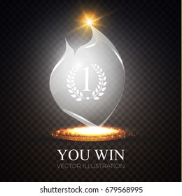 You Win! Realistic Glass Trophy Awards with Light Effects. Flame. Game Space. Vector illustration