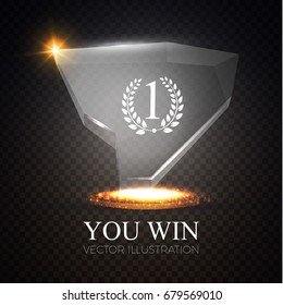 You Win! Realistic Glass Trophy Awards with Light Effects. Crystal. Game Space. Vector illustration