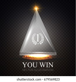 You Win! Realistic Glass Trophy Awards with Light Effects. Crystal and Triangle. Game Space. Vector illustration