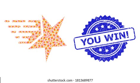 You Win! rubber stamp and vector recursion collage star. Blue stamp seal contains You Win! title inside rosette. Vector collage is formed from repeating rotated star items.