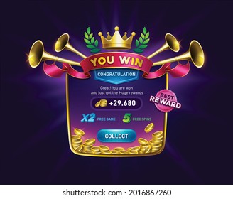 You win screen for game result. victory pop up with golden coins. slots games user interface. casino ui kit. playing cards, slots and roulette - Shutterstock ID 2016867260