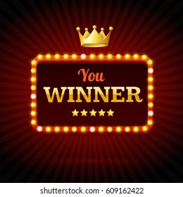 You Win Success Achievement Concept with Light Bulbs Vintage Neon Glow Frame. Vector illustration