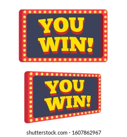 You win text announce on retro or vintage light bulb frame banner vector illustration flat cartoon, idea of success achievement or jackpot prize message