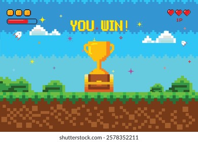 "You Win" text with gold trophy on treasure chest. Retro 8-bit video game interface. Nature landscape with blue sky, trees and green grass. 8-bit pixel art video game.