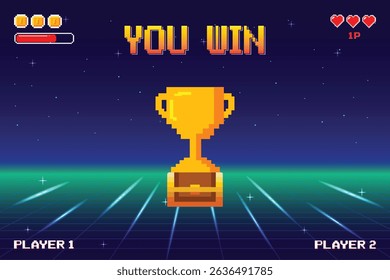 "You Win" text with gold trophy on treasure chest. on dark blue background. retro game. for game assets in vector illustrations.
