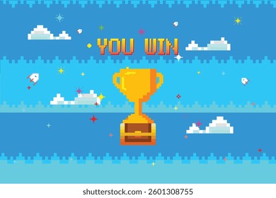 "You Win" text with golden trophy, 8-bit retro video game interface, nature landscape with blue sky, trees and green grass, 8-bit pixel art video game.