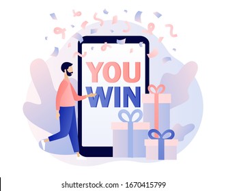 You Win text on screen smartphone. Congrats winner on falling down confetti background. Modern flat cartoon style. Vector illustration on white background