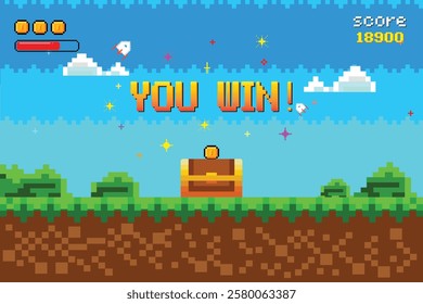 "You Win" text with treasure chest. Retro 8-bit video game interface. Nature landscape with blue sky, trees and green grass. 8-bit pixel art video game.