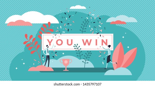 You win title banner vector illustration. Flat tiny prize persons concept. Symbolic winner sign as achievement, victory, lottery or jackpot award. Abstract champion celebration and triumph text poster