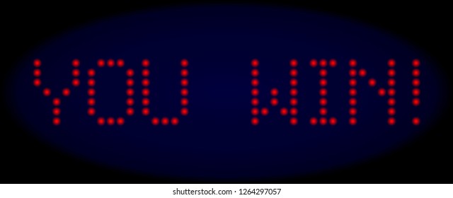 You Win title in LED style with round glowing dots. Vector light red letters forms You Win title on a dark blue background. Digital font with circle elements.