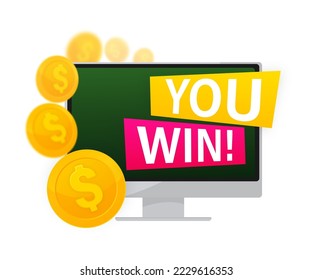 You win vector poster banner design template. Dollar coin on monitor. Vector illustration