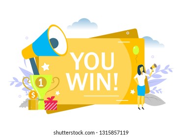 You win, woman speaking through megaphone. Vector flat illustration for web banner, website page etc.