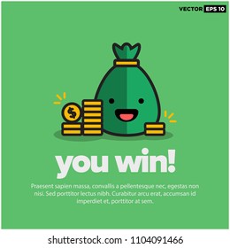 You Win Written with Happy Smiley Face Sack and Gold Coins Vector Line Illustration