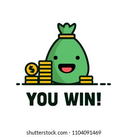 You Win Written with Happy Smiley Face Sack and Gold Coins Vector Line Illustration