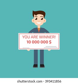 You are winner. Man holding check