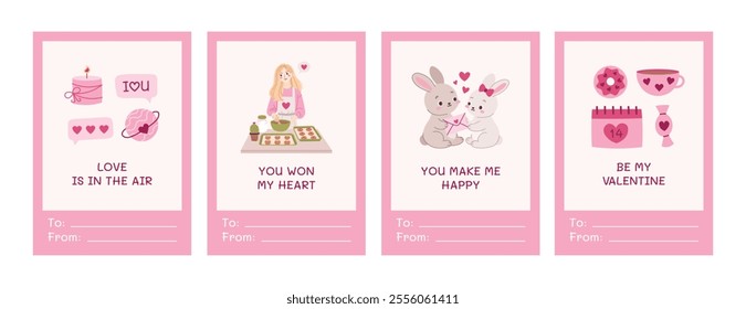 You won my heart. Pink valentines collection. Greeting card for valentine's day set. Vector illustration with romantic elements: candle, calendar, candy, donut, bunnies, bunnies, girl making cookies.