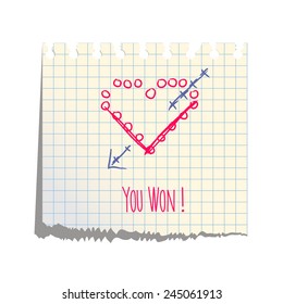 You Won! Tic Tac Toe.. Valentine's day card.  Hand-drawn symbol.