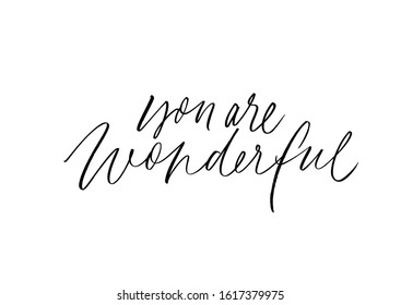 You are wonderful ink pen vector lettering. Cheering compliment, kind phrase handwritten calligraphy. Inspirational postcard design element. Positive message, admiration, self acceptance slogan