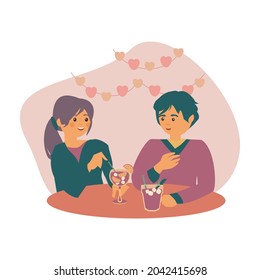 Youg couple sitting at cafe or restaurant tables talking to each other, drinking coctails. Flat cartoon characters.