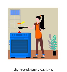 a youg girl cooking in the house background illustration. Stay at home because pandemic covid-19 illustration.