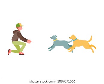 Youg man with the dogs. Vector illustration.