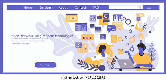 Youg man working  social network using modern technologies,laptop,Illustration creative process modern design idea  concept vector infographic template.