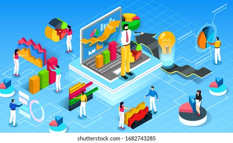 Youg people work at new creative business project. 3d vector isometric detailed illustration. Neat teamwork, data processing, achievement of results and problem solving. Isometric characters set.