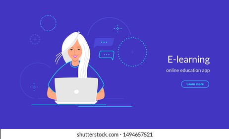 Youg woman working with laptop at her work desk typing on keyboard. Gradient line vector illustration of e-learning and students studying at home. People working with laptop on violet background