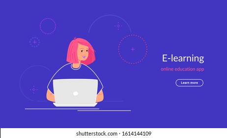 Youg woman working with laptop at her work desk typing on keyboard. Gradient line vector illustration of e-learning and students studying at home. People working with laptop on blue background