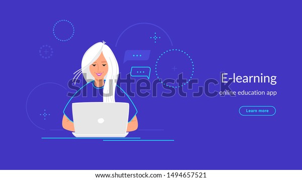 若い女性は 自分の作業台でキーボードでタイピングして ノートパソコンを使って作業しています 自宅で学ぶeラーニングや学生のグラデーション線のベクター画像 イラスト 紫色の背景にノートパソコンを使用する人 のベクター画像素材 ロイヤリティフリー