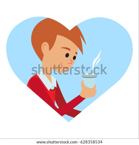Youn man with cup in his hand drinking hot coffee. Vector illustration icon in heart isolated on white background.