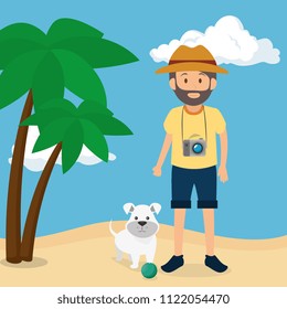 youn man with dog in the beach