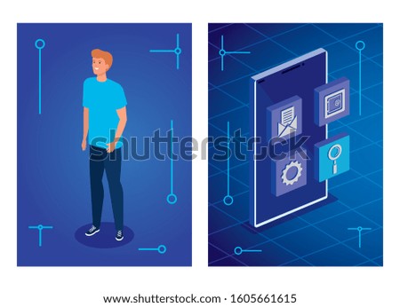 youn man with smartphone device and app menu vector illustration design