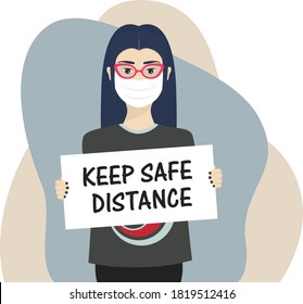 Youn teen girl wearing a face mask protects herself from covid-19 and holds a sign protesting saying keep safe distance, cartoon character illustration