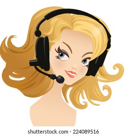Youn woman with headphone and microphone set. Vector Eps 10.