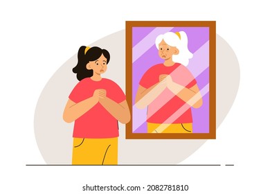 Youn Woman Looking At The Mirror Seeing Her Aged Version. Person Afraid Of Getting Older. Phobia, Psychological Problem, Anxiety And Mental Health Concept. Modern Flat Vector Illustration