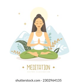 Yound Woman meditación en posición loto con elementos florales y montañas. Ilustración del vector