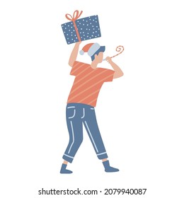Younf man dancing and raising hands up with holiday pipe and gift box. Holiday character in Christmas santa hat isolated element. Vector flat hand drawn Illustration. Only 5 colors - Easy to recolor.