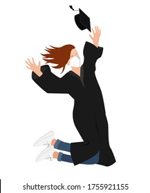 Young 20202 graduate student girl in medical mask and graduation gown jumping and throwing the mortarboard high into the air. Flat vector illustration isolated on white.