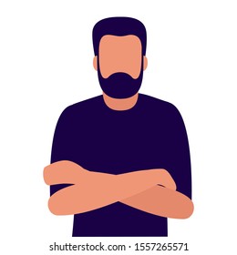 Junge abstrakte Mann mit Bart mit gefalteten Armen, Frontansicht. Vektorillustration einzeln auf weißem Hintergrund
